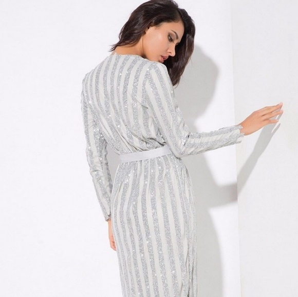 Long maxi dress long sleeve silver sparkly evening - Picture 3 of 4